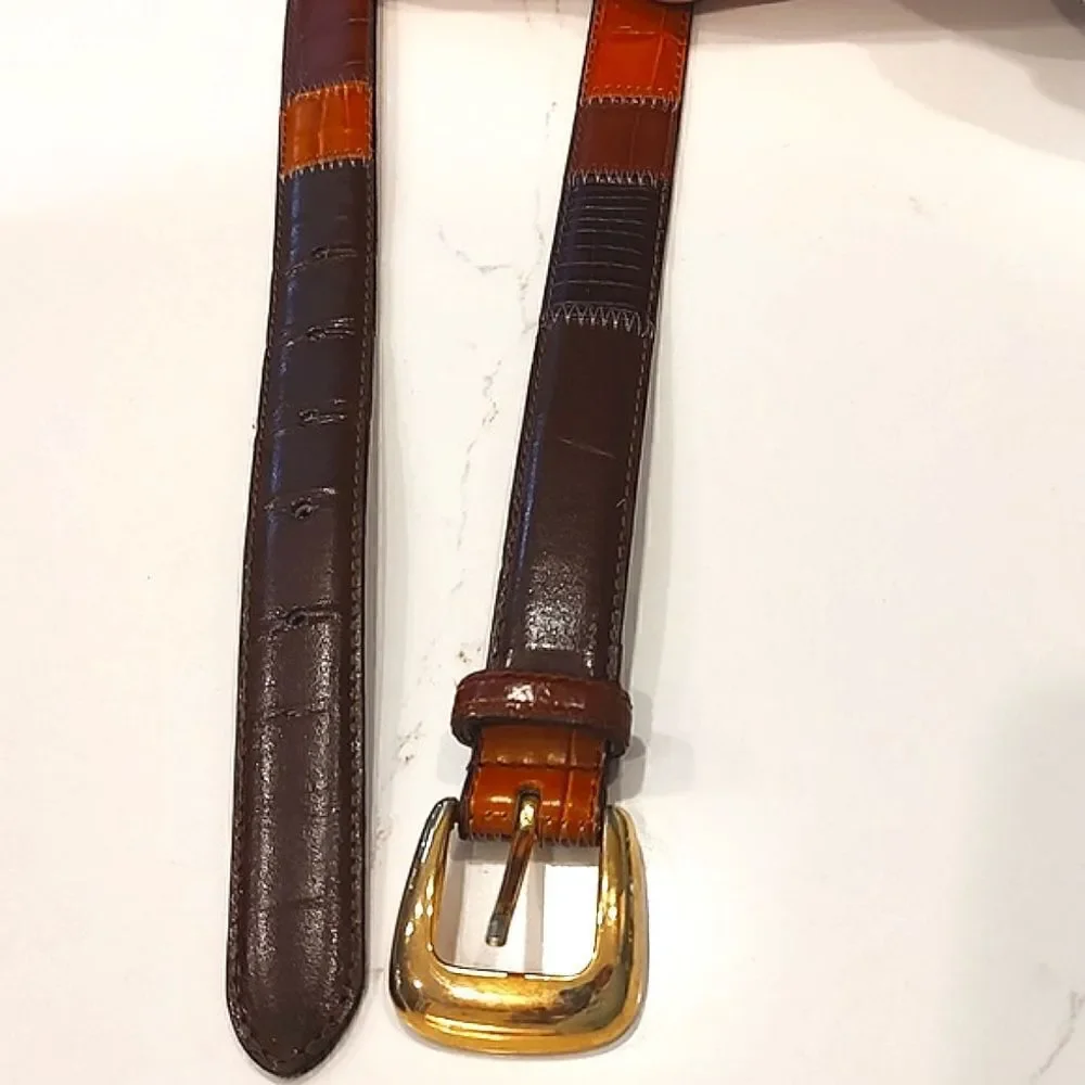 Leather Patchwork Reptile and Croc Embossed Belt Goldtone Buckle Size M Vintage